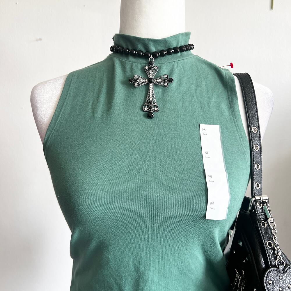 Green Mock Neck Tank Top, Minimalist, Y2K, Clean Girl, Streetwear, Retro, Medium - Picture 2 of 4